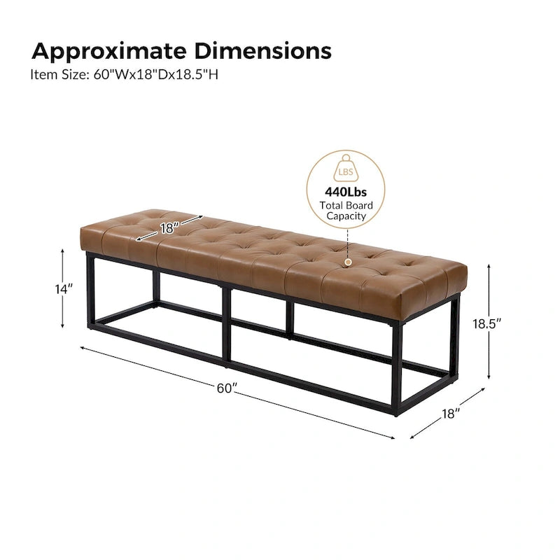 60" Genuine Leather Tufted Bench with Metal Base - Foam Padded, 440lbs Capacity, Classic Style, Bedroom/Entryway
