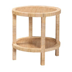 24" Round End Table - Mahogany Wood, Natural Rattan, 2-Tier, Open Shelf, Bohemian Style, Fully Assembled