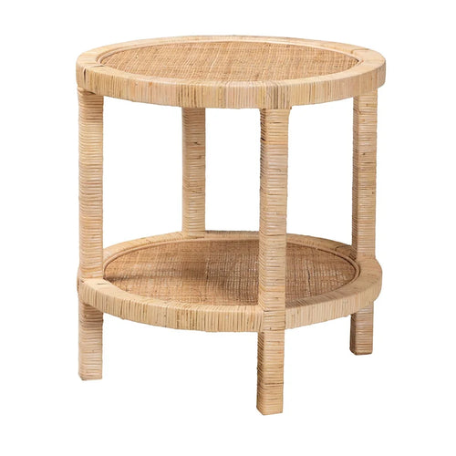 24" Round End Table - Mahogany Wood, Natural Rattan, 2-Tier, Open Shelf, Bohemian Style, Fully Assembled