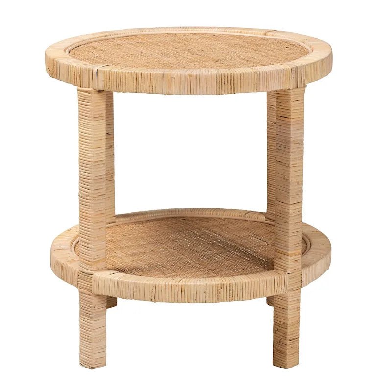 24" Round End Table - Mahogany Wood, Natural Rattan, 2-Tier, Open Shelf, Bohemian Style, Fully Assembled