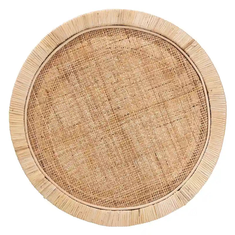 24" Round End Table - Mahogany Wood, Natural Rattan, 2-Tier, Open Shelf, Bohemian Style, Fully Assembled