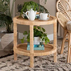 24" Round End Table - Mahogany Wood, Natural Rattan, 2-Tier, Open Shelf, Bohemian Style, Fully Assembled