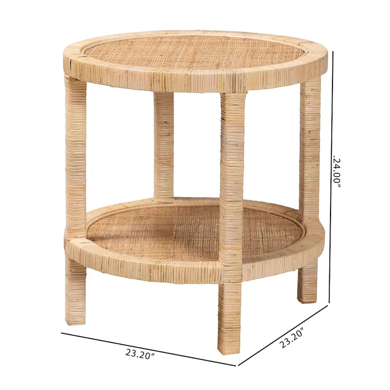 24" Round End Table - Mahogany Wood, Natural Rattan, 2-Tier, Open Shelf, Bohemian Style, Fully Assembled