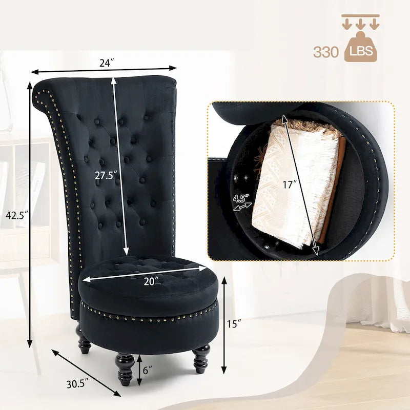 High Back Velvet Throne Chair with Storage - Armless Royal Accent Chair, 330lbs Capacity, Ergonomic Design, Adjustable Feet
