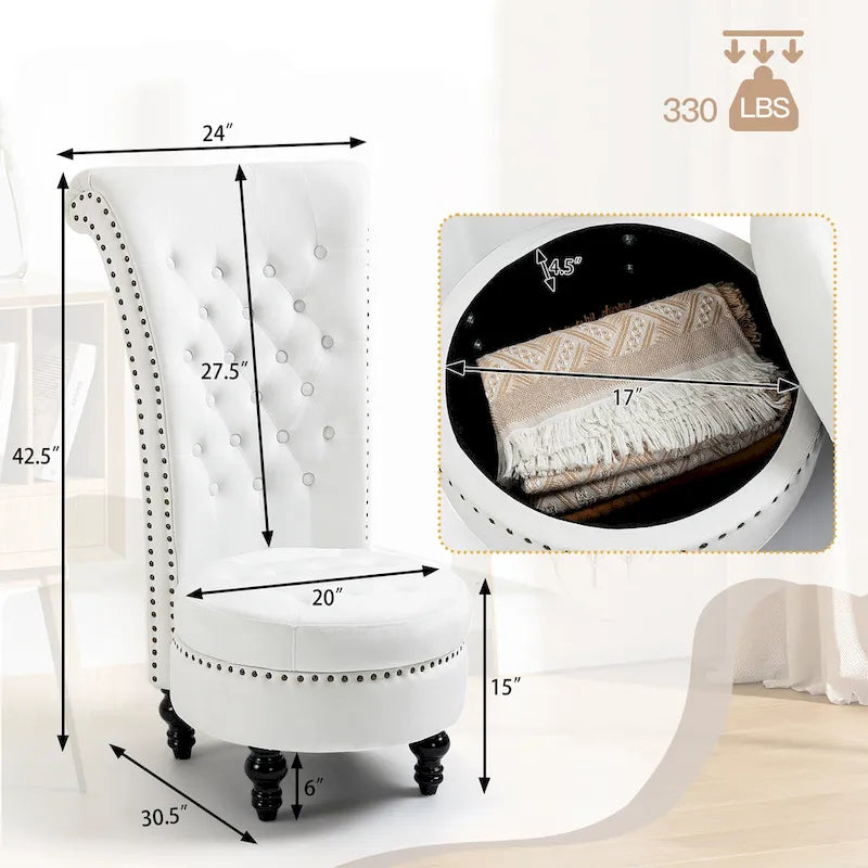 High Back Velvet Throne Chair with Storage - Armless Royal Accent Chair, 330lbs Capacity, Ergonomic Design, Adjustable Feet