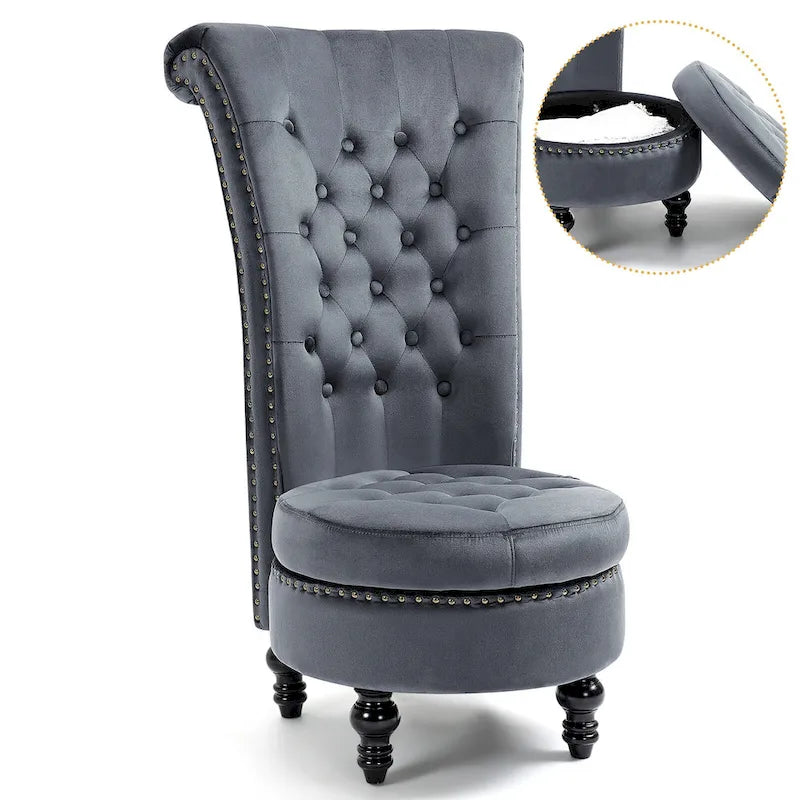 High Back Velvet Throne Chair with Storage - Armless Royal Accent Chair, 330lbs Capacity, Ergonomic Design, Adjustable Feet