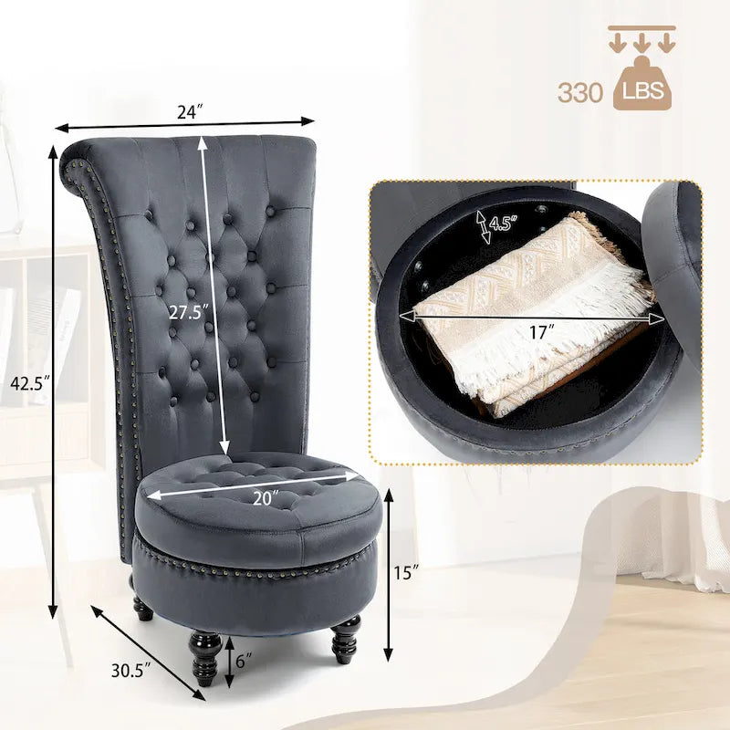 High Back Velvet Throne Chair with Storage - Armless Royal Accent Chair, 330lbs Capacity, Ergonomic Design, Adjustable Feet