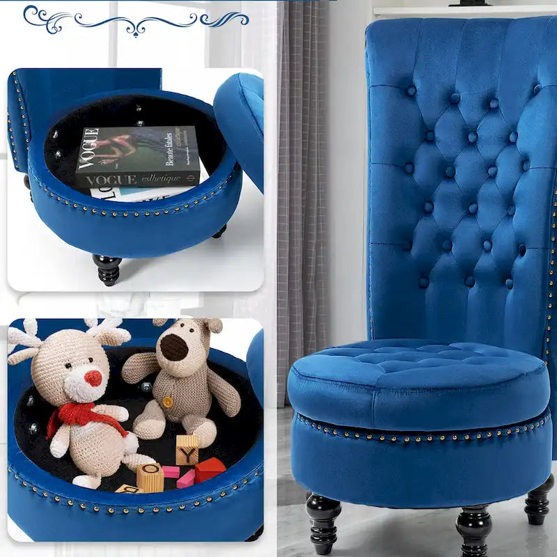 High Back Velvet Throne Chair with Storage - Armless Royal Accent Chair, 330lbs Capacity, Ergonomic Design, Adjustable Feet