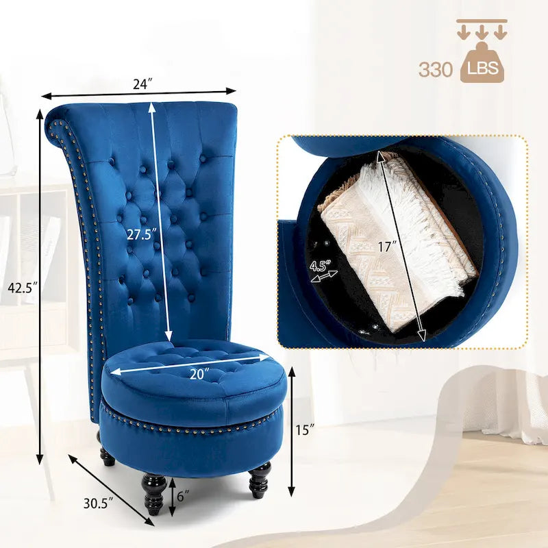 High Back Velvet Throne Chair with Storage - Armless Royal Accent Chair, 330lbs Capacity, Ergonomic Design, Adjustable Feet