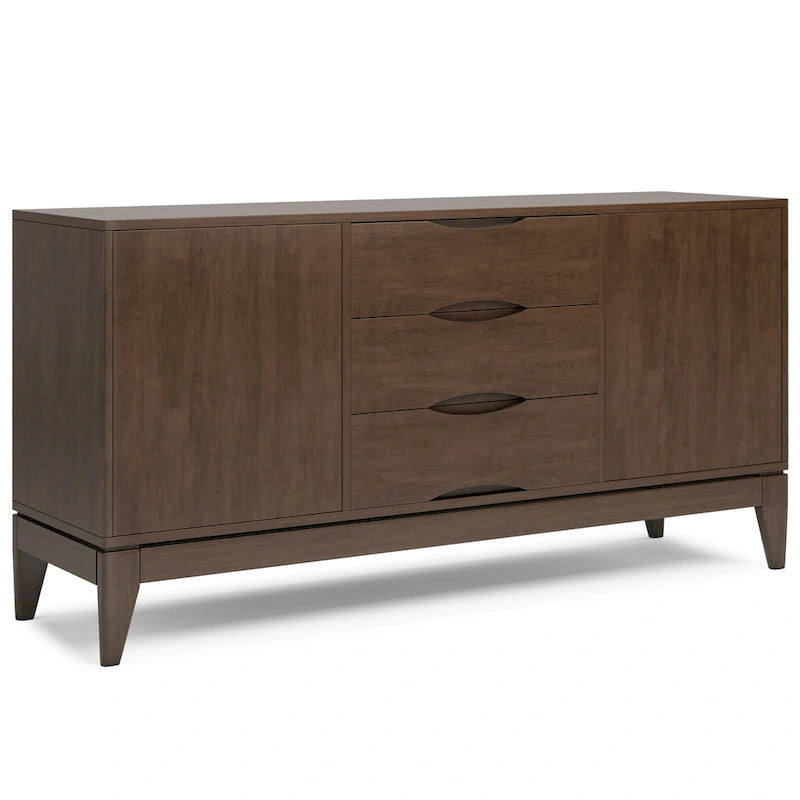 60" Sideboard Buffet Cabinet - Solid Rubberwood, 3 Drawers, 2 Cabinets, Mid-Century Design, Walnut Brown Finish