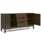 60" Sideboard Buffet Cabinet - Solid Rubberwood, 3 Drawers, 2 Cabinets, Mid-Century Design, Walnut Brown Finish