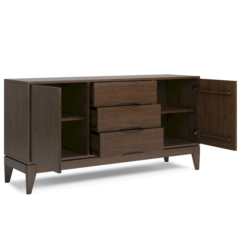 60" Sideboard Buffet Cabinet - Solid Rubberwood, 3 Drawers, 2 Cabinets, Mid-Century Design, Walnut Brown Finish
