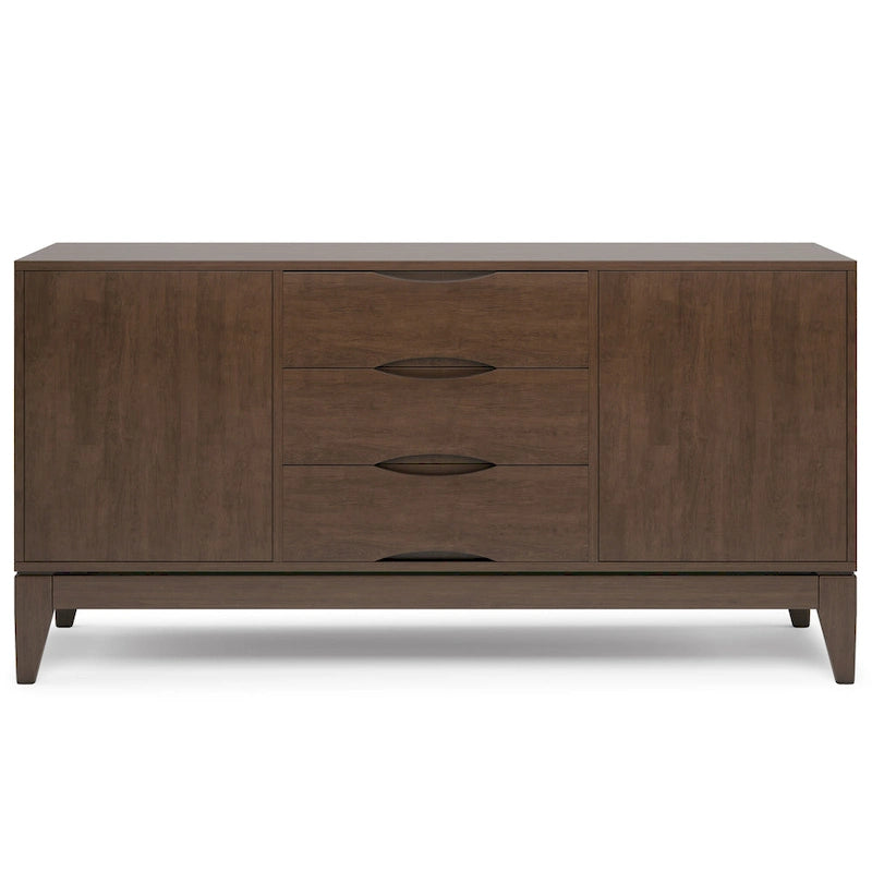 60" Sideboard Buffet Cabinet - Solid Rubberwood, 3 Drawers, 2 Cabinets, Mid-Century Design, Walnut Brown Finish