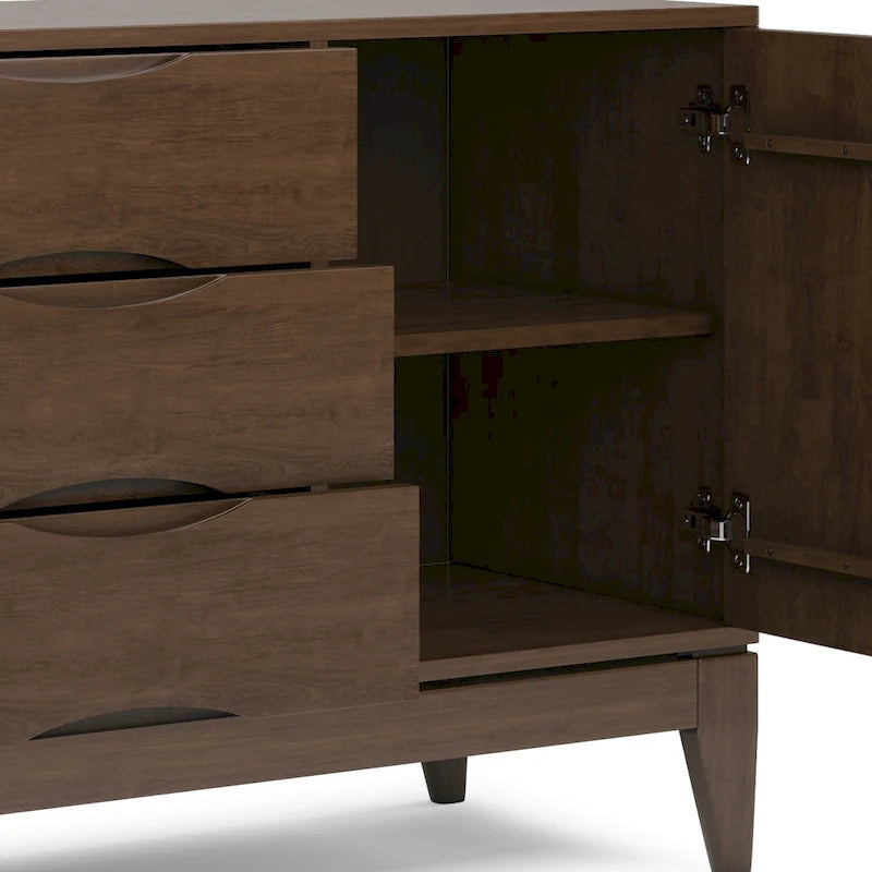60" Sideboard Buffet Cabinet - Solid Rubberwood, 3 Drawers, 2 Cabinets, Mid-Century Design, Walnut Brown Finish