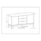 60" Sideboard Buffet Cabinet - Solid Rubberwood, 3 Drawers, 2 Cabinets, Mid-Century Design, Walnut Brown Finish