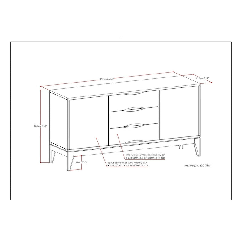 60" Sideboard Buffet Cabinet - Solid Rubberwood, 3 Drawers, 2 Cabinets, Mid-Century Design, Walnut Brown Finish