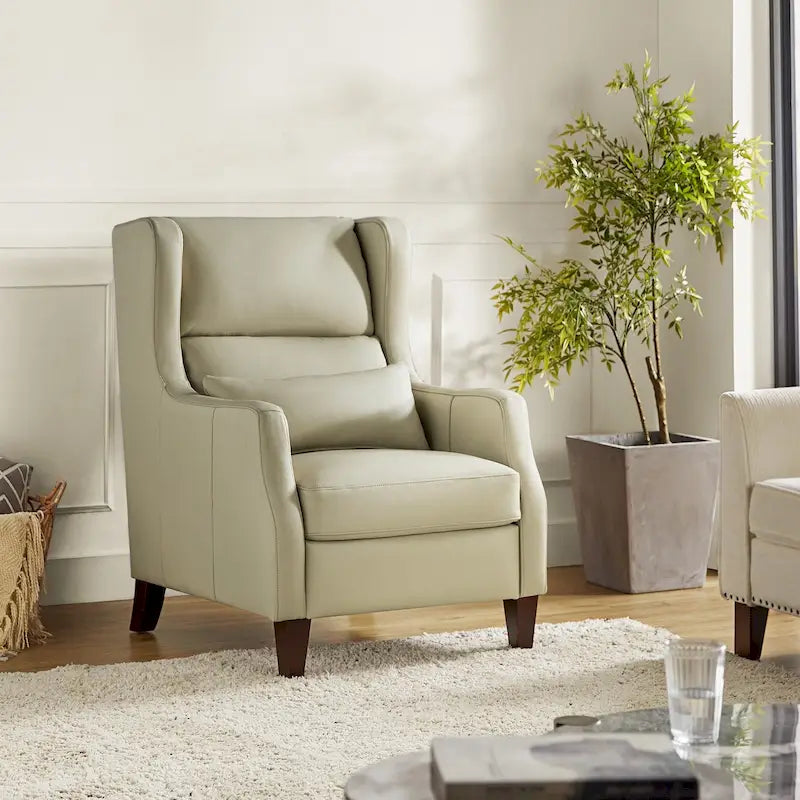 Genuine Leather Wingback Armchair with Lumbar Pillow - Modern Style, Foam Cushioned Seat, Solid Wood Legs, Waterproof