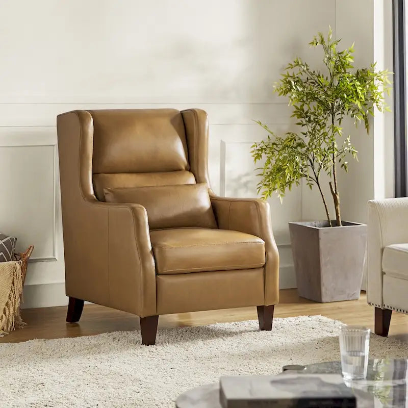Genuine Leather Wingback Armchair with Lumbar Pillow - Modern Style, Foam Cushioned Seat, Solid Wood Legs, Waterproof