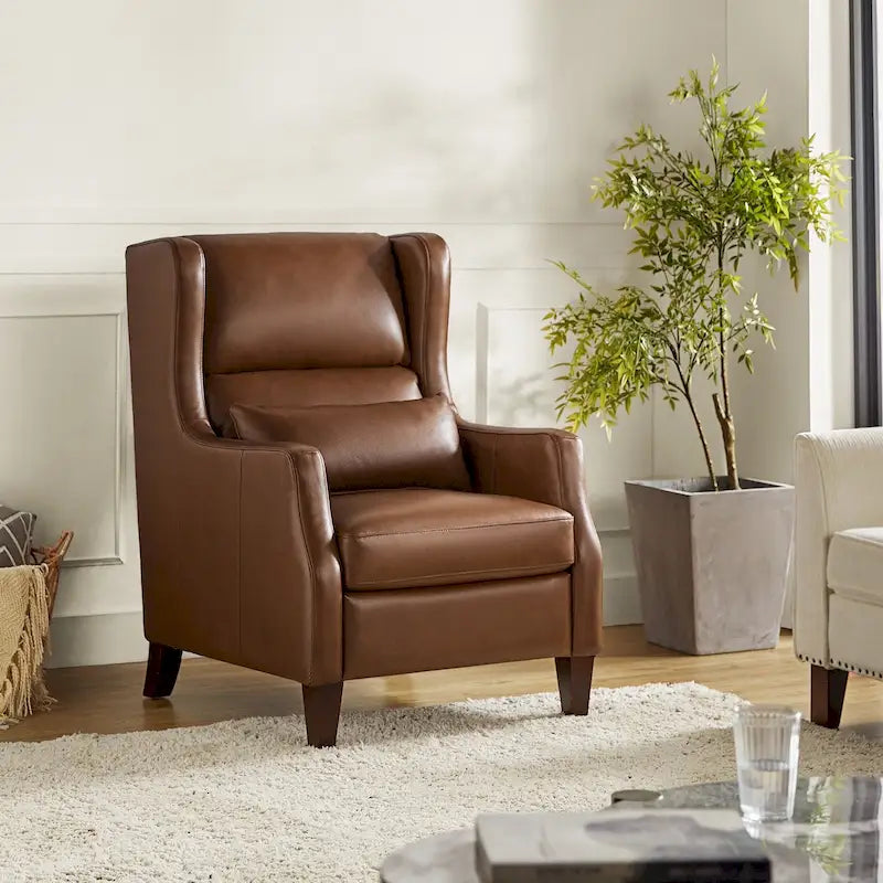 Genuine Leather Wingback Armchair with Lumbar Pillow - Modern Style, Foam Cushioned Seat, Solid Wood Legs, Waterproof