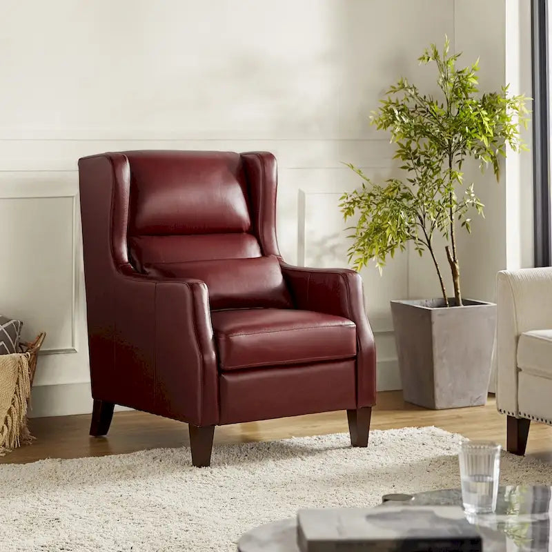 Genuine Leather Wingback Armchair with Lumbar Pillow - Modern Style, Foam Cushioned Seat, Solid Wood Legs, Waterproof