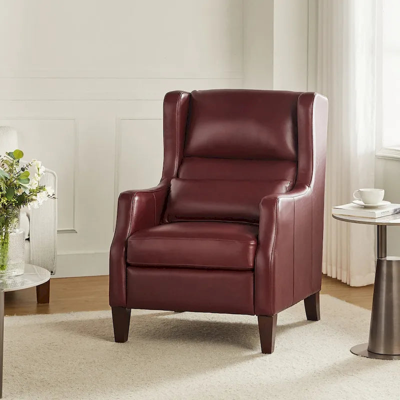 Genuine Leather Wingback Armchair with Lumbar Pillow - Modern Style, Foam Cushioned Seat, Solid Wood Legs, Waterproof