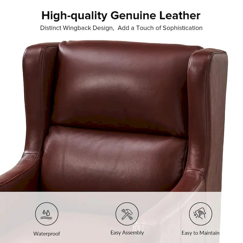 Genuine Leather Wingback Armchair with Lumbar Pillow - Modern Style, Foam Cushioned Seat, Solid Wood Legs, Waterproof