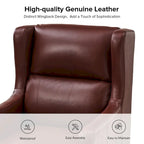 Genuine Leather Wingback Armchair with Lumbar Pillow - Modern Style, Foam Cushioned Seat, Solid Wood Legs, Waterproof