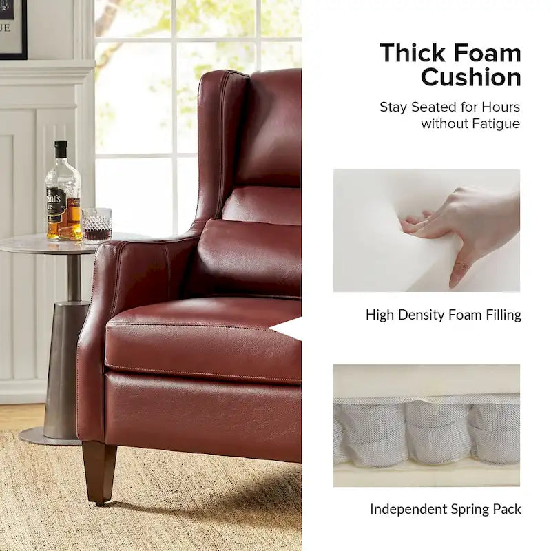 Genuine Leather Wingback Armchair with Lumbar Pillow - Modern Style, Foam Cushioned Seat, Solid Wood Legs, Waterproof
