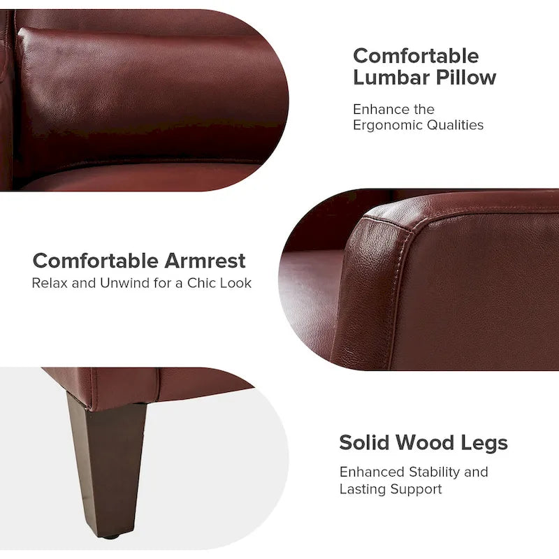 Genuine Leather Wingback Armchair with Lumbar Pillow - Modern Style, Foam Cushioned Seat, Solid Wood Legs, Waterproof