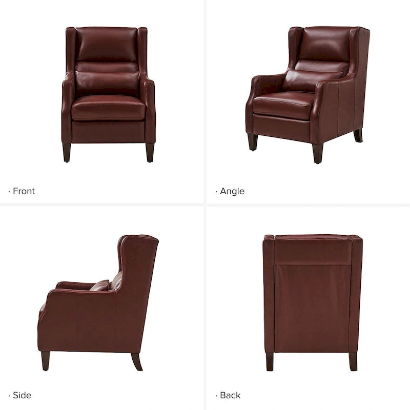 Genuine Leather Wingback Armchair with Lumbar Pillow - Modern Style, Foam Cushioned Seat, Solid Wood Legs, Waterproof
