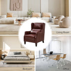 Genuine Leather Wingback Armchair with Lumbar Pillow - Modern Style, Foam Cushioned Seat, Solid Wood Legs, Waterproof