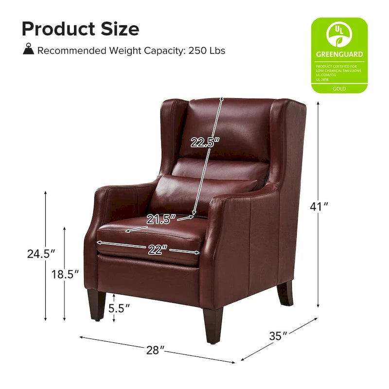 Genuine Leather Wingback Armchair with Lumbar Pillow - Modern Style, Foam Cushioned Seat, Solid Wood Legs, Waterproof