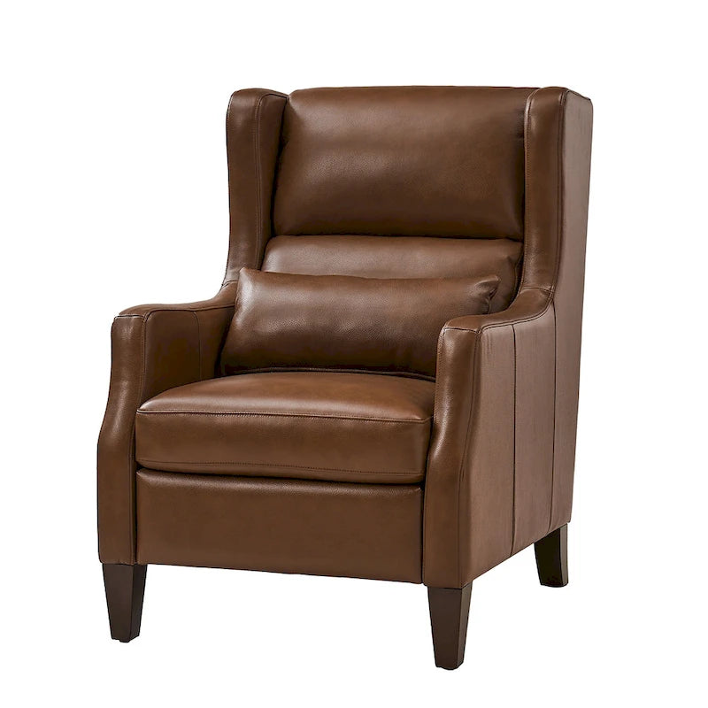Genuine Leather Wingback Armchair with Lumbar Pillow - Modern Style, Foam Cushioned Seat, Solid Wood Legs, Waterproof