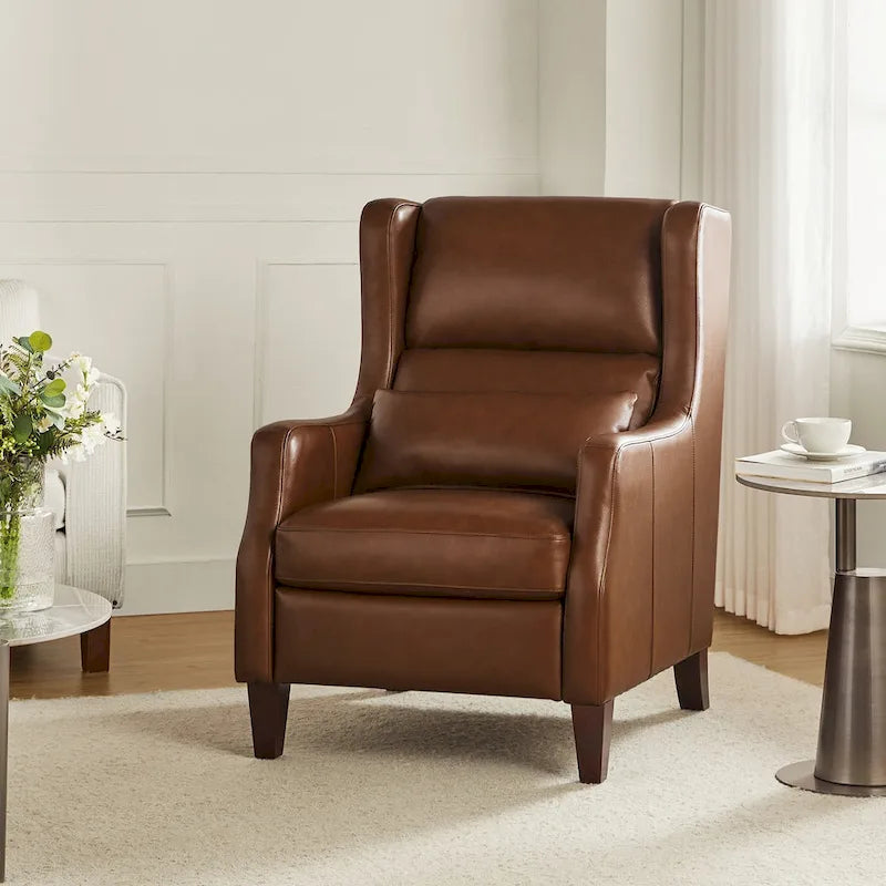 Genuine Leather Wingback Armchair with Lumbar Pillow - Modern Style, Foam Cushioned Seat, Solid Wood Legs, Waterproof