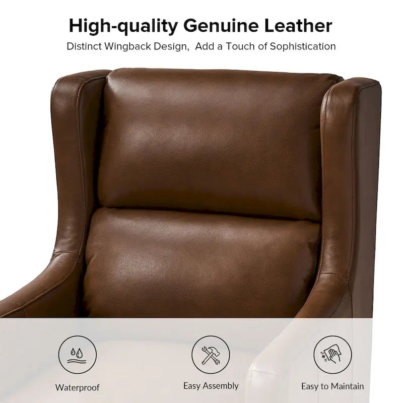 Genuine Leather Wingback Armchair with Lumbar Pillow - Modern Style, Foam Cushioned Seat, Solid Wood Legs, Waterproof