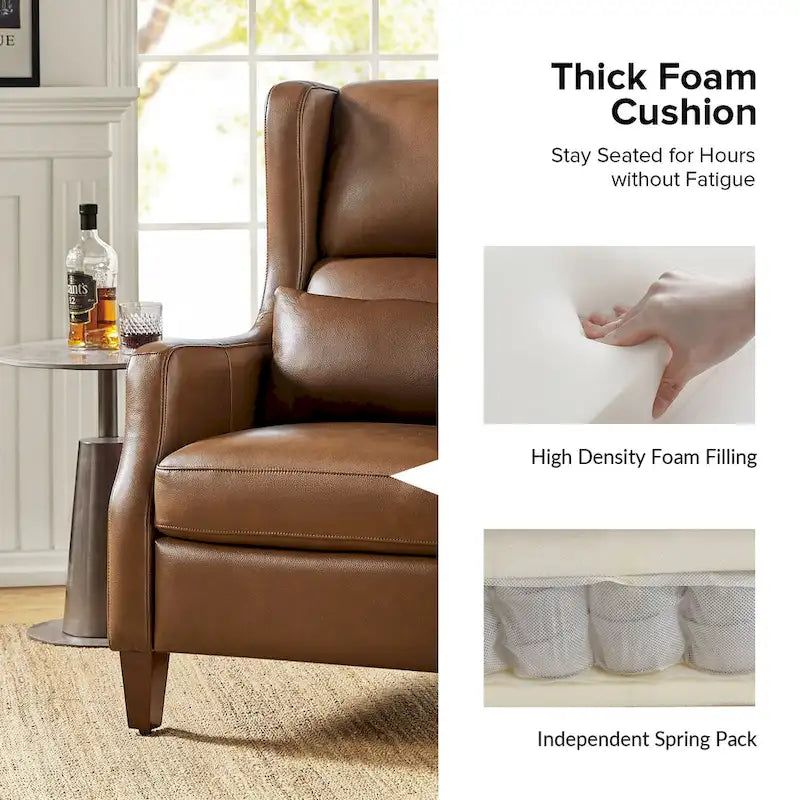 Genuine Leather Wingback Armchair with Lumbar Pillow - Modern Style, Foam Cushioned Seat, Solid Wood Legs, Waterproof