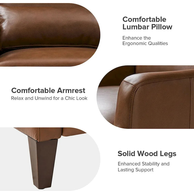 Genuine Leather Wingback Armchair with Lumbar Pillow - Modern Style, Foam Cushioned Seat, Solid Wood Legs, Waterproof