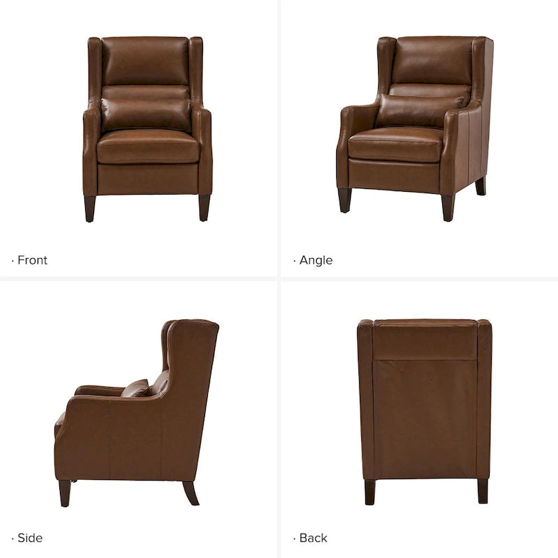 Genuine Leather Wingback Armchair with Lumbar Pillow - Modern Style, Foam Cushioned Seat, Solid Wood Legs, Waterproof