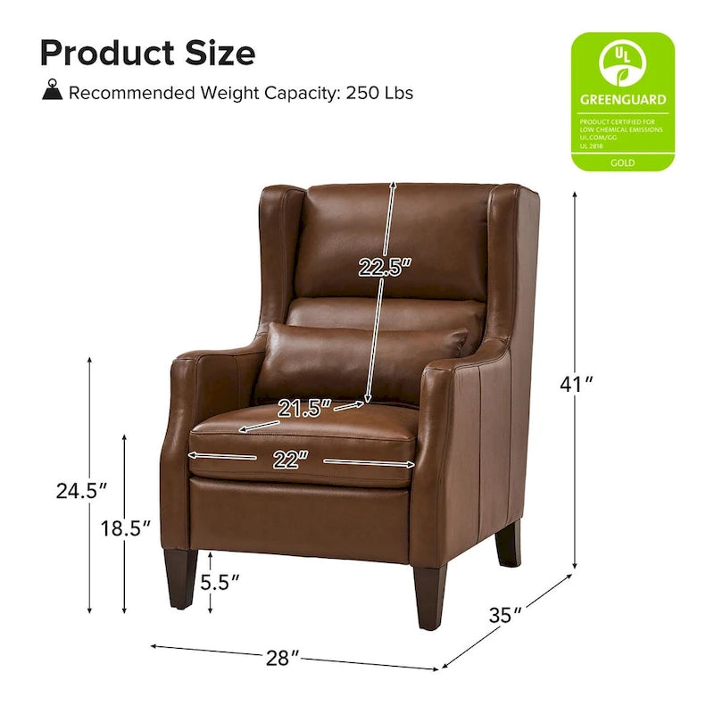 Genuine Leather Wingback Armchair with Lumbar Pillow - Modern Style, Foam Cushioned Seat, Solid Wood Legs, Waterproof