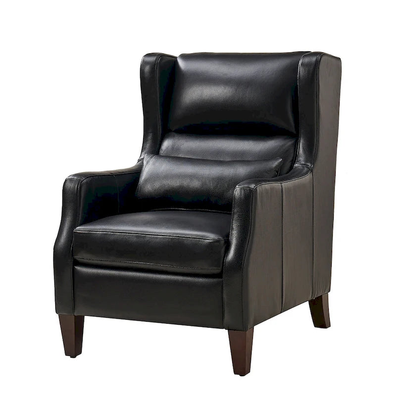 Genuine Leather Wingback Armchair with Lumbar Pillow - Modern Style, Foam Cushioned Seat, Solid Wood Legs, Waterproof