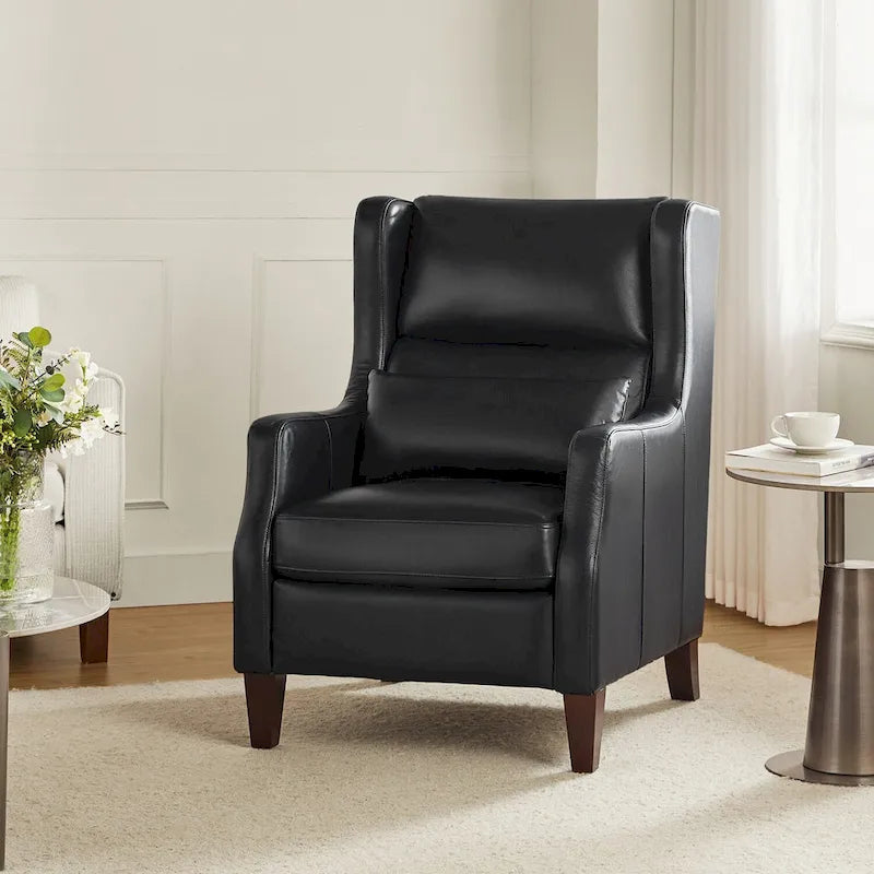 Genuine Leather Wingback Armchair with Lumbar Pillow - Modern Style, Foam Cushioned Seat, Solid Wood Legs, Waterproof