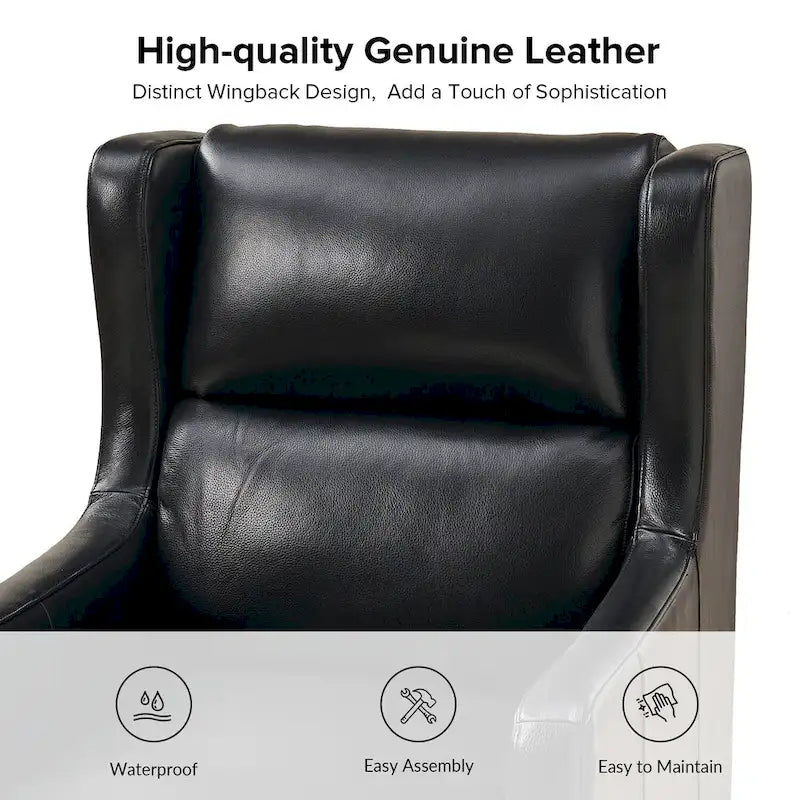 Genuine Leather Wingback Armchair with Lumbar Pillow - Modern Style, Foam Cushioned Seat, Solid Wood Legs, Waterproof