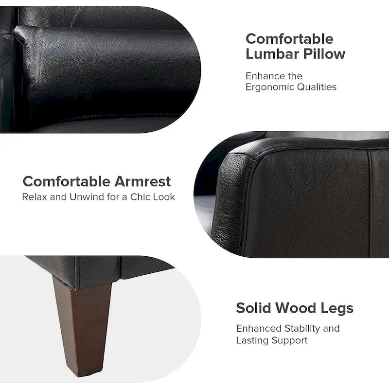 Genuine Leather Wingback Armchair with Lumbar Pillow - Modern Style, Foam Cushioned Seat, Solid Wood Legs, Waterproof