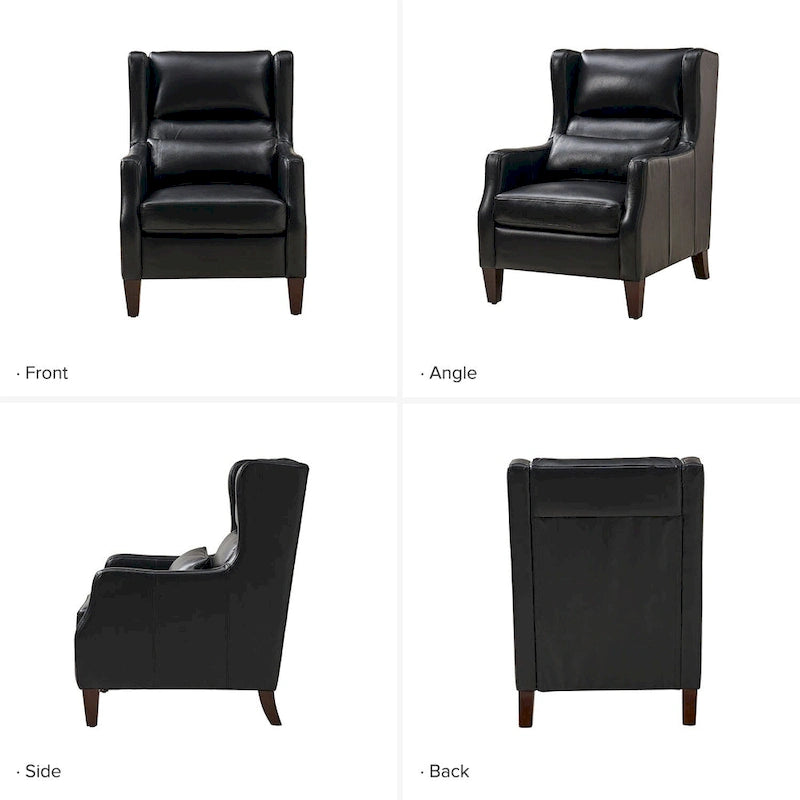 Genuine Leather Wingback Armchair with Lumbar Pillow - Modern Style, Foam Cushioned Seat, Solid Wood Legs, Waterproof