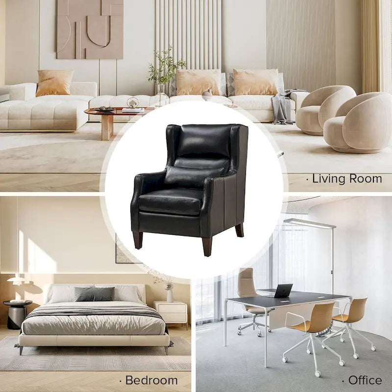 Genuine Leather Wingback Armchair with Lumbar Pillow - Modern Style, Foam Cushioned Seat, Solid Wood Legs, Waterproof