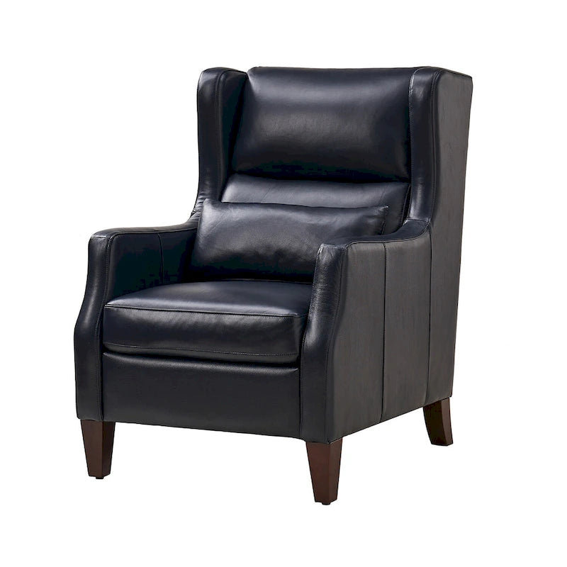 Genuine Leather Wingback Armchair with Lumbar Pillow - Modern Style, Foam Cushioned Seat, Solid Wood Legs, Waterproof