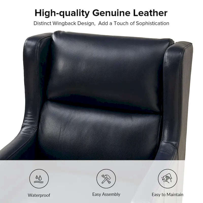 Genuine Leather Wingback Armchair with Lumbar Pillow - Modern Style, Foam Cushioned Seat, Solid Wood Legs, Waterproof