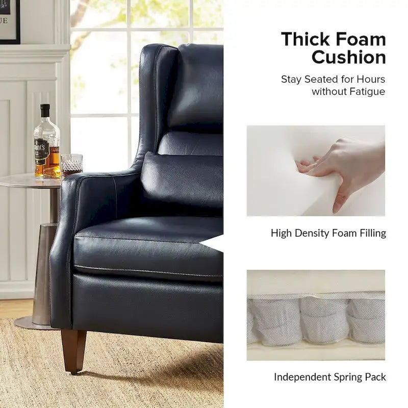 Genuine Leather Wingback Armchair with Lumbar Pillow - Modern Style, Foam Cushioned Seat, Solid Wood Legs, Waterproof