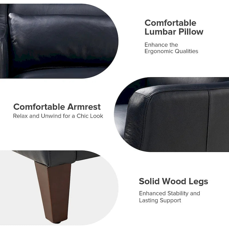 Genuine Leather Wingback Armchair with Lumbar Pillow - Modern Style, Foam Cushioned Seat, Solid Wood Legs, Waterproof