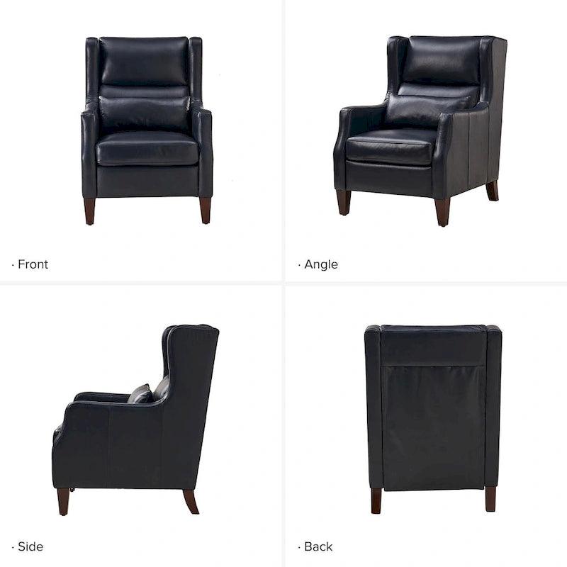 Genuine Leather Wingback Armchair with Lumbar Pillow - Modern Style, Foam Cushioned Seat, Solid Wood Legs, Waterproof